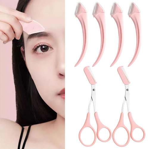 6Pcs Eyebrow Trimmer Set Stainless Steel Curved Eyebrow Razor Eyebrow Scissors With Comb Eyebrow Trimming Tools for Beginners Professional Facial Hair Removal Beauty Accessories for Girls and Women