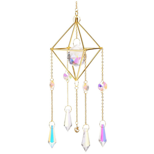 Colorful AB Coating Sun Catcher, Crystal Windchime Suncatcher Crystal Suncatcher Window Hanging Ornament Sun Catchers with Geometry Frame and Crystal Prism Pendant Home Decor Gift