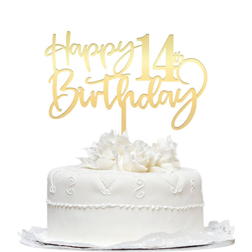 Happy 14 th birthday cake Topper,Mirrored Gold Acrylic Durable Cake Topper,14th Birthday Party Cake Decor s?Hello 14th years old?Happy 14th years old?14th Birthday?14th Party Decor s