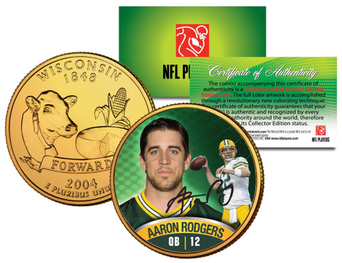 Aaron Rodgers Colorized Wisconsin Statehood Quarter 24K Gold Plated Coin Packers Aaron Rodgers Colorized Wisconsin Statehood Quarter 24K Gold Plated Coin Packers