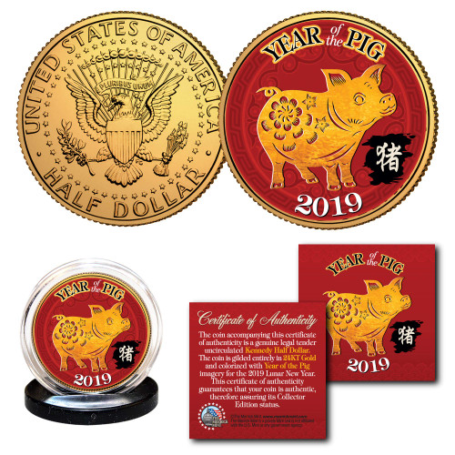 2019 Chinese New Year of The Pig 24K Gold Plated JFK Kennedy Half Dollar US Coin 2019 Chinese New Year of The Pig 24K Gold Plated JFK Kennedy Half Dollar US Coin