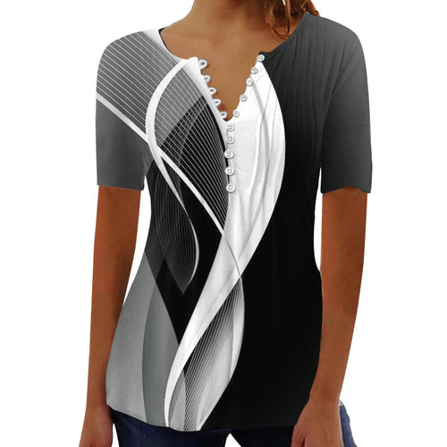 Dress Shirts for Women Trendy Summer Tops for Women 2024 Trendy Boho Floral Print Tunic Shirts Short Sleeve Button v Neck Tshirt Casual Loose Blouse Ladies Summer Tops and Blouses 2024 Gray M