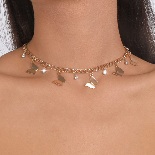 Simple Gold Butterfly Choker Necklace Dainty Short Bar Prom Rhinestones Necklaces Bride Wedding Chunky Choker Necklace for Women (Gold)