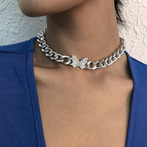 Cuban Chain Choker Necklace Sparkle Rhinestone Butterfly Pendant Necklace Curb Link Chain Necklace for Women Girls(Silver) Cuban Chain Choker Necklace Sparkle Rhinestone Butterfly Pendant Necklace Curb Link Chain Necklace for Women Girls(Silver)