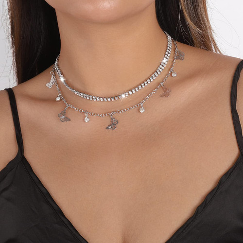 Dainty Layered Necklace Rhinestone Tennis Chain Choker Necklace Tiny Curb Link Chain Necklace Boho Round Rhinestone Hollow Butterfly Pendant Necklace for Women Girls?Silver? Dainty Layered Necklace Rhinestone Tennis Chain Choker Necklace Tiny Curb Link Chain Necklace Boho Round Rhinestone Hollow Butterfly Pendant Necklace for Women Girls?Silver?