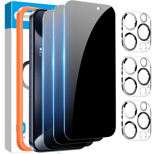 [3+3 Pack for iPhone 15 Pro Privacy Screen Protector & Camera Lens Protector, Privacy Screen iPhone 15 Pro, Anti Spy Private Tempered Glass Easy Installation Kit 6.1 Inch Accessories