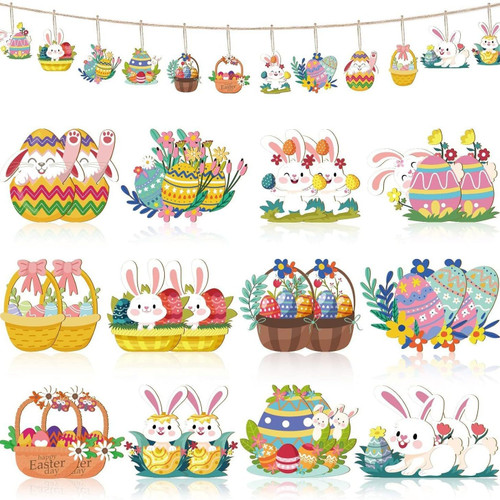 24 Pcs Easter Wooden Hanging Ornaments Wood Easter Tree Decorations Decorative Spring Butterfly Flower Easter Egg Bunny Spring Tree Ornaments for Home Party