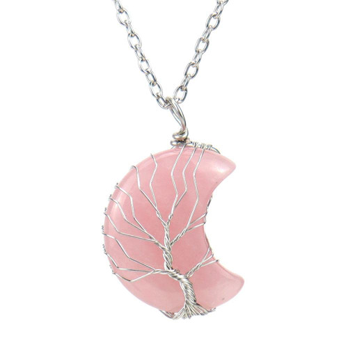 Tree Life Wire Wrapped Crescent Moon Pendant Necklace Natural Reiki Spiritual Quartz Gemstone Jewelry Healing Crystal Necklace for Women Girls-Rose Quartz