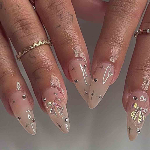 Clear Press on Nails Medium, Nude Fake Nails Almond Acrylic False Nails,Artificial Glue on Nails for Women and Girls,24 pcs