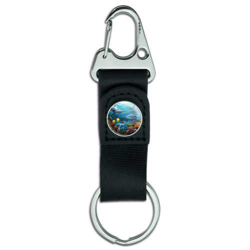 Coral Reef Ocean Scene Dolphin Turtle Shark Stingray Fish Keychain with Leather Fabric Belt Clip-On Carabiner