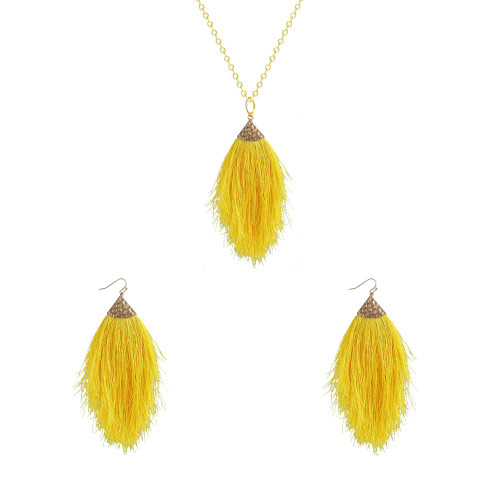 Bohemian Silky Thread Fan Fringe Tassel Statement Earrings Lightweight Strand Feather Shape Dangles Earring Necklace Set for Women Girls (Yellow)