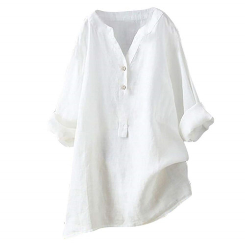 Women's Tunic Blouse Tops Fashion Plus Size Solid Cotton Linen Loose Casual Long Sleeve V Neck Button Up Tees Shirts White