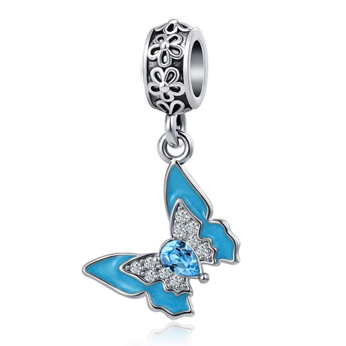 Sparkling Blue Butterfly Flower Dangle Charm Beads Fit Women Pandora Bracelets for Mom Girls