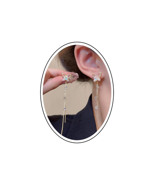 Butterfly Tassel Style Zircon Earrings,925 Sterling Silver Butterfly Dangle Earrings Drop Threader Earrings Sparkling Butterfly Earrings for Women Girls (Tassel)
