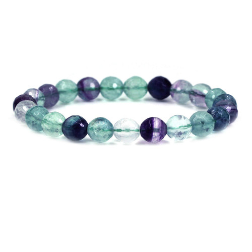 Natural AA Grade Faceted Clear Rainbow Fluorite 8mm Round Beads Gemstones Rock Crystal Stretch Bracelet 7 Inch Unisex