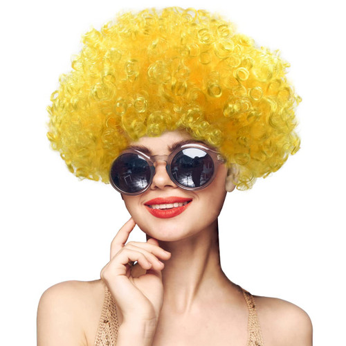 Yellow Short Kinky Afro Wigs-Women Men Fluffy Curly Disco Hippie Wig for Costume Cosplay Halloween Christmas Party