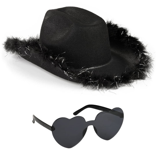 Black Cowboy Hat and Glasses - Fluffy Cowgirl Hat - Feather Cowboy Hats for Women - Cowgirl Costume Accessories