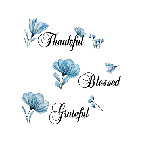 Thankful Grateful Blessed Motivational Wall Sticker Blue Flower Butterfly Peel and Stick Wall Art Decor Home Famiy Inspirational Stickers Decor Quotes