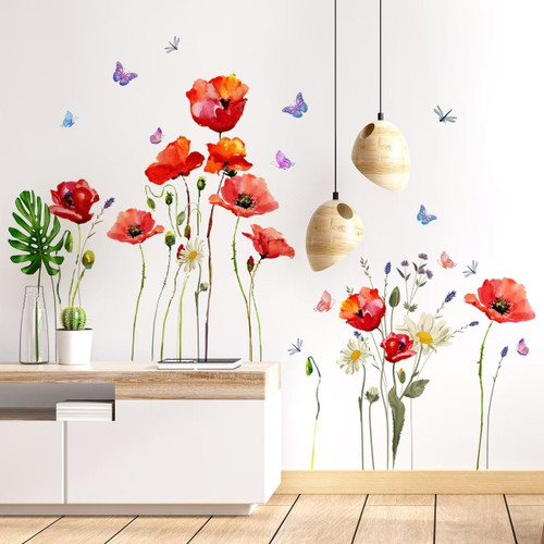 Colorful Flowers Floral Wall Stickers Murals Watercolor Green Plant Vinyl Wall Decals Butterflies Wall Art DIY Peel and Stick Home Decor for Girls Bedroom Living Bath Room Nursery
