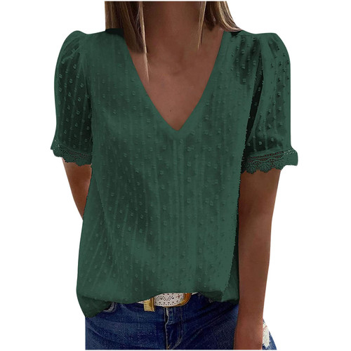 Women's Swiss Dot Short Sleeve T Shirts Chiffon Blouse V Neck Pom Pom Shirts Summer Casual Loose Fit Blouses Green