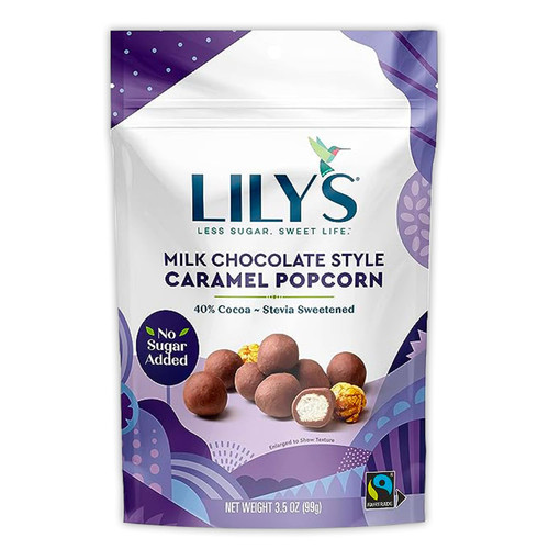Lilys Milk Chocolate Caramel Popcorn -1 Pack Of Chocolate Drizzle Popcorn - Sugar Free Caramel Popped Popcorn Bags - Milk Chocolate Covered Popcorn