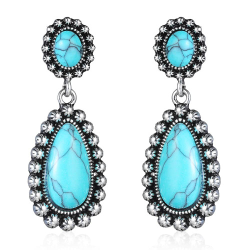 Turquoise Earrings 925 Sterling Silver Teardrop Dangle Drop Earring Western Bohemia Vintage Jewelry for Women Girls (1-Teardrop)