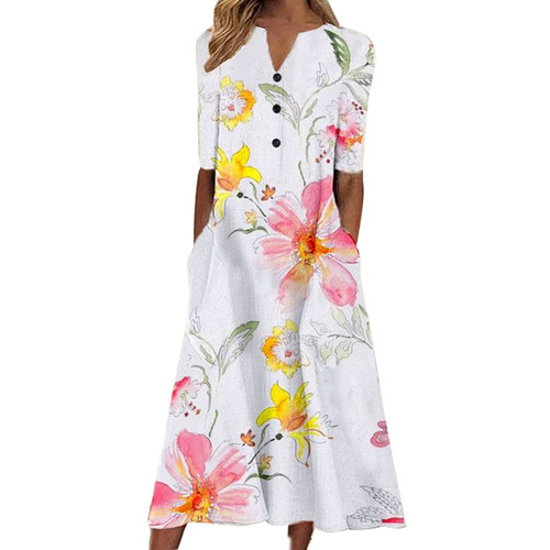 Summer Dresses for Women 2024 Short Sleeve Floral V Neck Midi Dress Fashion Button Loose Casual Flowy Beach Dresses Sundresses for Women Casual Beach Summer Dresses for Women Vestidos Pink