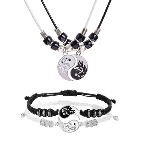 4Pcs Yin Yang Matching Dragon Bracelet Necklaces Set for Women Men,Yin Yang Couple Bracelet Pendant Necklaces for Boyfriend Girlfriend Bff Best Friend Gift (C 4P)