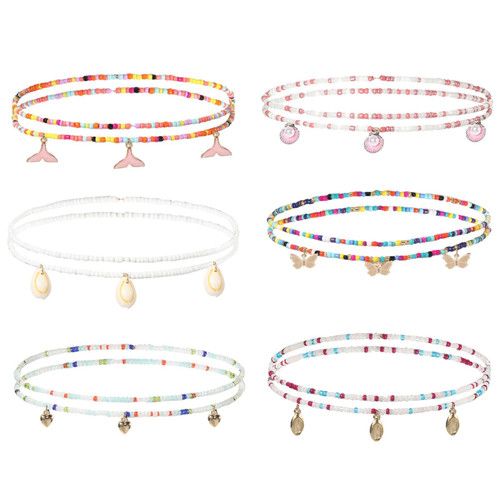 Beaded Waist Belly Chains for Women,6 Pairs Layered Belly Body Chain Butterfly Heart Shell Pendant Waist Chains Gift Beach Waist Chain Jewelry Accessories