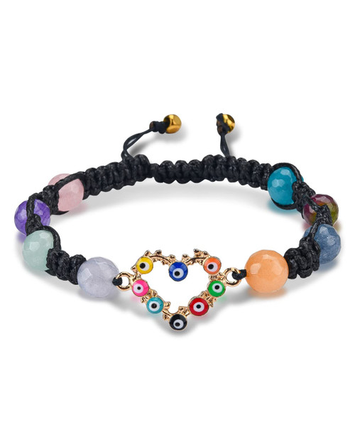Evil Eye Hamsa Weave Beaded Bracelet Crystal Quartz Bead Adjustable Bracelet Hand of Fatima Turkish Evil Eye Bracelet for Lucky Protection Blessing(Heart Multicolor)