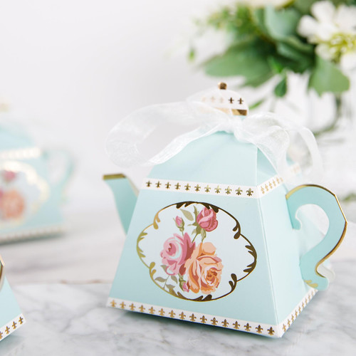 Efavormart 25 Pack | 4" Mini Teapot Favor Boxes Light Turquoise Tea Time Gift Box with Ribbon