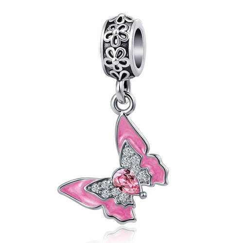 Butterfly Enamel Pink Flower Charm Crystal Birthday Dangle Cheap Sale Bead for Pandora Charms Bracelet Pendant