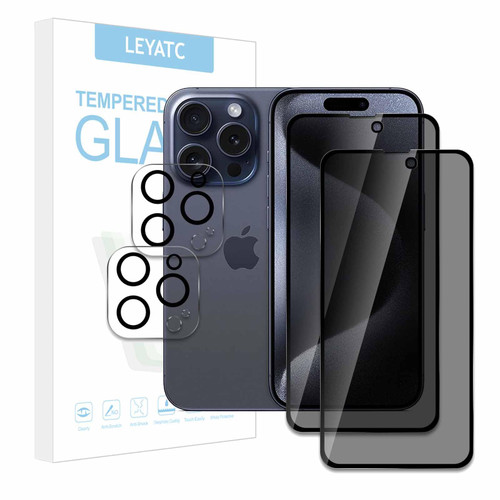 [2+2 Pack] 2Pack Privacy Screen Protector for iPhone 15 pro+2Pack Camera Lens Protector, Privacy Tempered Glass Film [9H Hardness][Bubble-Free] [Shatter Proof] [Anti-fingerprint] [Easy Installation]