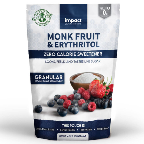 IMPACT White Monk Fruit Erythritol Sweetener Blend, Zero Calories, Zero Net Carbs, Keto Friendly, Zero Glycemic, Gluten Free, Vegan, Non-GMO, 1:1 White Sugar Substitute (1 Pound)