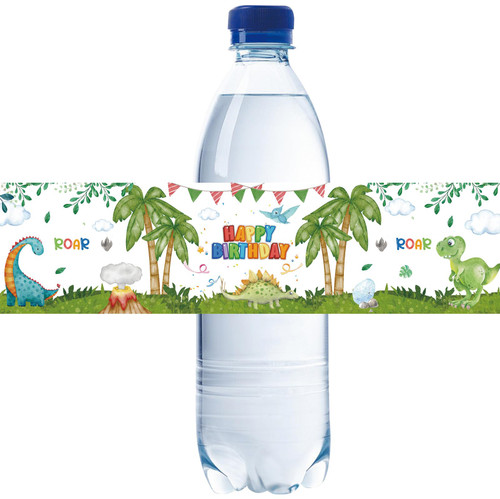 32pcs Dinosaur Happy Birthday Water Bottle Labels, T-Rex Baby Shower Stickers, Dinosaur Water Bottle Lables for Boy 1st Birthday Party Decoration