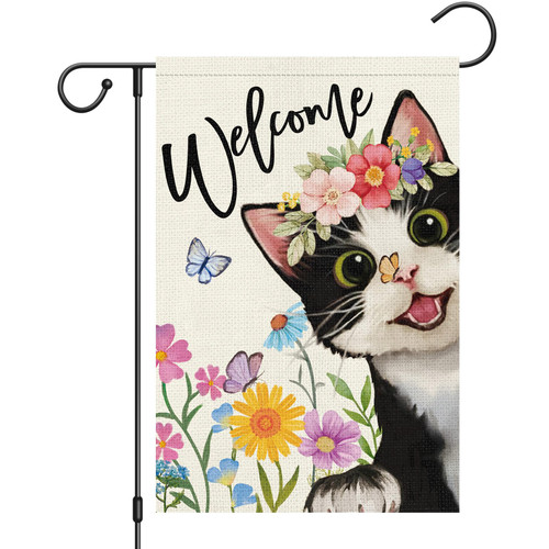 Welcome Spring Cat Garden Flag Spring Summer Floral Flower Garden Flags 12 x 18 Inch Burlap Double Sided Vertical Butterfly Yard Flags for Seasonal Outside Outdoor Decoration (ONLY FLAG)