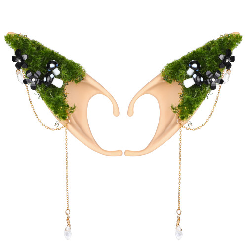 Fairy Elf Ears with Black Mushroom, Forest Pixie Ear Cuffs with Mushroom Moss and Flower Non-Piercing Cartilage Earrings for Women Girls Renaissance Photoshoot Cosplay Costume Accessories