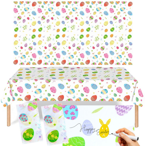 2 Packs Waterproof Easter Tablecloth, Plastic Disposable Easter Egg Rectangle Table Cover DIY Colorful Table Cloth Spring Party Decoration, 54x108 in