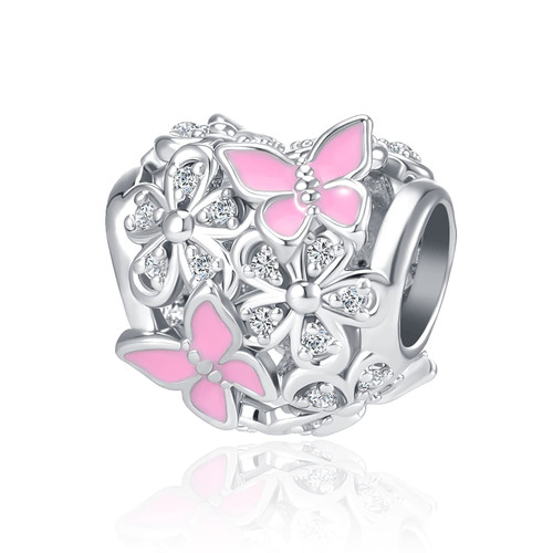 Butterfly Flower Garden Charm Pink Enamel Heart Crystal Openwork Bead fit Pandora Charm Bracelet, Pink