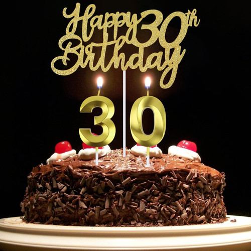 30th Birthday Candles + Gold Happy 30th Birthday Cake Topper, 30 Cake Topper, Gold Number 30 Candles, Happy 30th Birthday Cake Decorations for 30th Birthday Party Decoration (30)