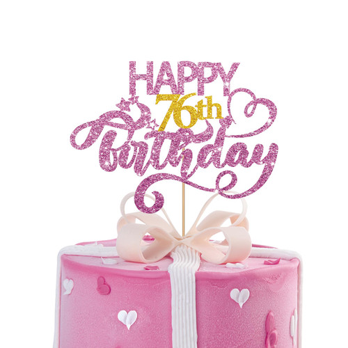 Pink Glitter Happy 76th Birthday Cake Topper, Seventy Six Years Old Birthday Party Cake Decor, Gold Number 76 Birthday Party Supplies Decorations for Man or Woman