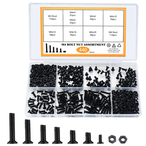 440 Pcs M4 Countersunk Head Phillips Screws and Hex Nuts Assortment Kit, Black Flat Head Screws Machine Screws Bolts and Nuts Set, M4 x 4mm/6mm/8mm/10mm/12mm/16mm/20mm