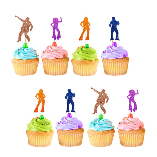 24pcs Disco Cupcake Toppers, 70's Disco Cupcake Toppers, Colorful Glitter Disco Dancing Cake Decoration for Men Women, 70's 80's Disco Ball Music Themed Party Supplies