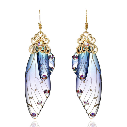 Butterfly Crystal Wing Drop Dangle Earrings Gold Plated Insect Earrings for Women Girls Jewelry (Blue)