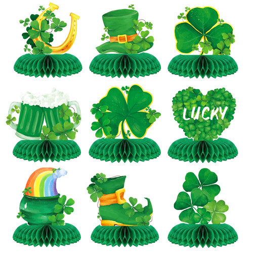 9pcs St.Patrick's Day Honeycomb Centerpieces St Patricks Day Decorations Irish Table Centerpieces,Green 3D Table Shamrock Decoration