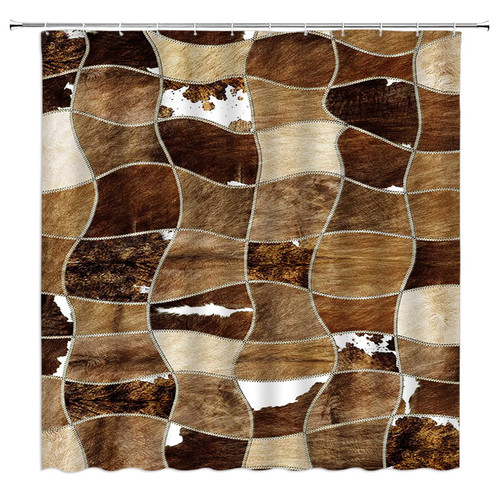 Cowhide Shower Curtain Brown Milk Cow Print Farmhouse Animal Patchwork Design Fabric Bathroom Decor with Hooks?70" Wx70 H?