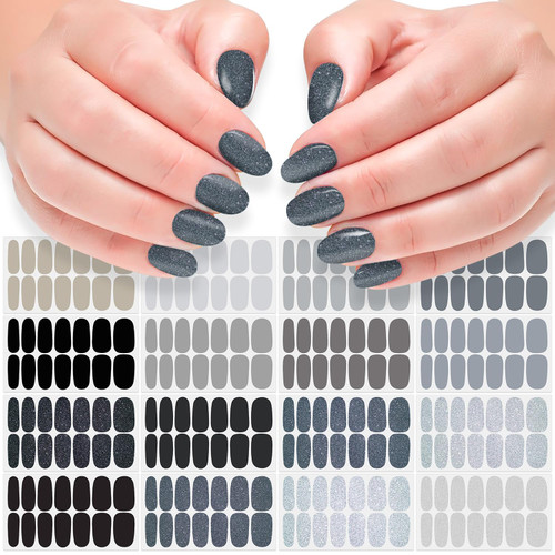 16 Sheets Glitter&Gray Solid Color Nail Polish Stickers Full Nail Wraps for Women Stick on Fingernails Self Adhesive Nail Polish Strips Gel Nail Strips with Nail File, Cuticle Stick