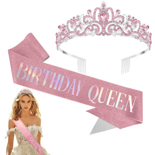 Birthday Sash for Women,Tiaras for Women,Birthday Queen Sash,Birthday Sash and Crown,Birthday Sash and Tiara for Women,Birthday Tiara for Women,Pink Crown,Pink Birthday Decorations,Pink Sash