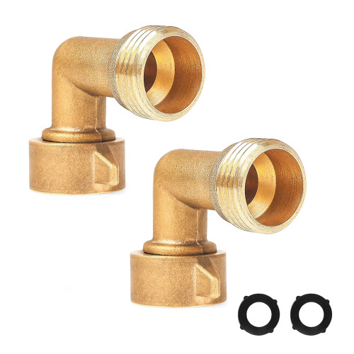 2 Pack 90 Degree Garden Hose Elbow Connectors, 3/4" Brass Hose Elbow with 2 Washers, Hose Adapter for RV Water Hookups Residential Outdoor Faucets
