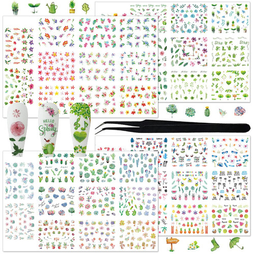 44 Sheets Summer Series Nail Art Stickers Decals with Tweezers Nail Decals Self-Adhesive Flower Fruit Cactus Leaf Flamingo Nail Stickers for Manicure Nail Art